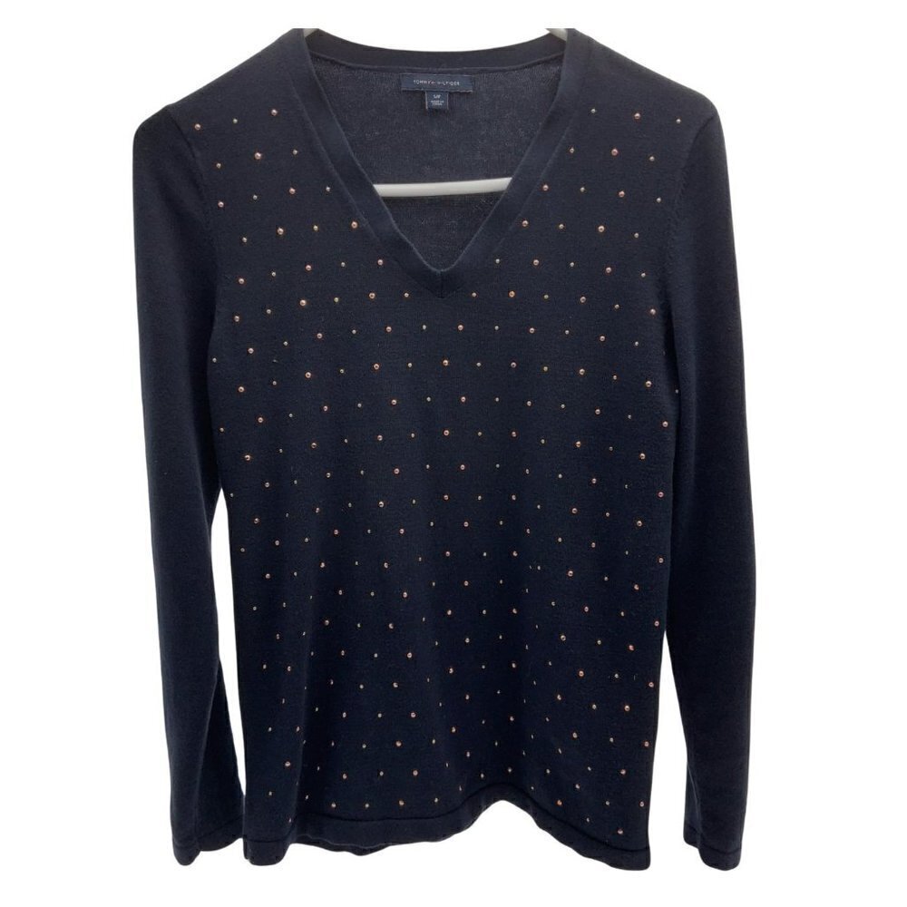 Tommy Hilfiger Women's Sweater Size S/P Color Dark Blue Long sleeves Rhinestones